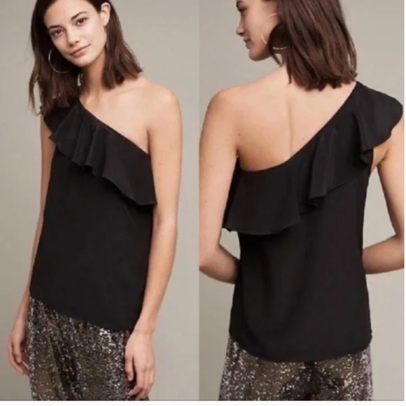 Anthropologie Maeve Black One Shoulder Silk Ruffle Top - Picture 1 of 3